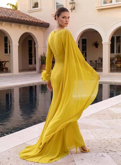 A-Line V-Neck Long Sleeves Court Train Evening Dresses With Sweeping Side Drape