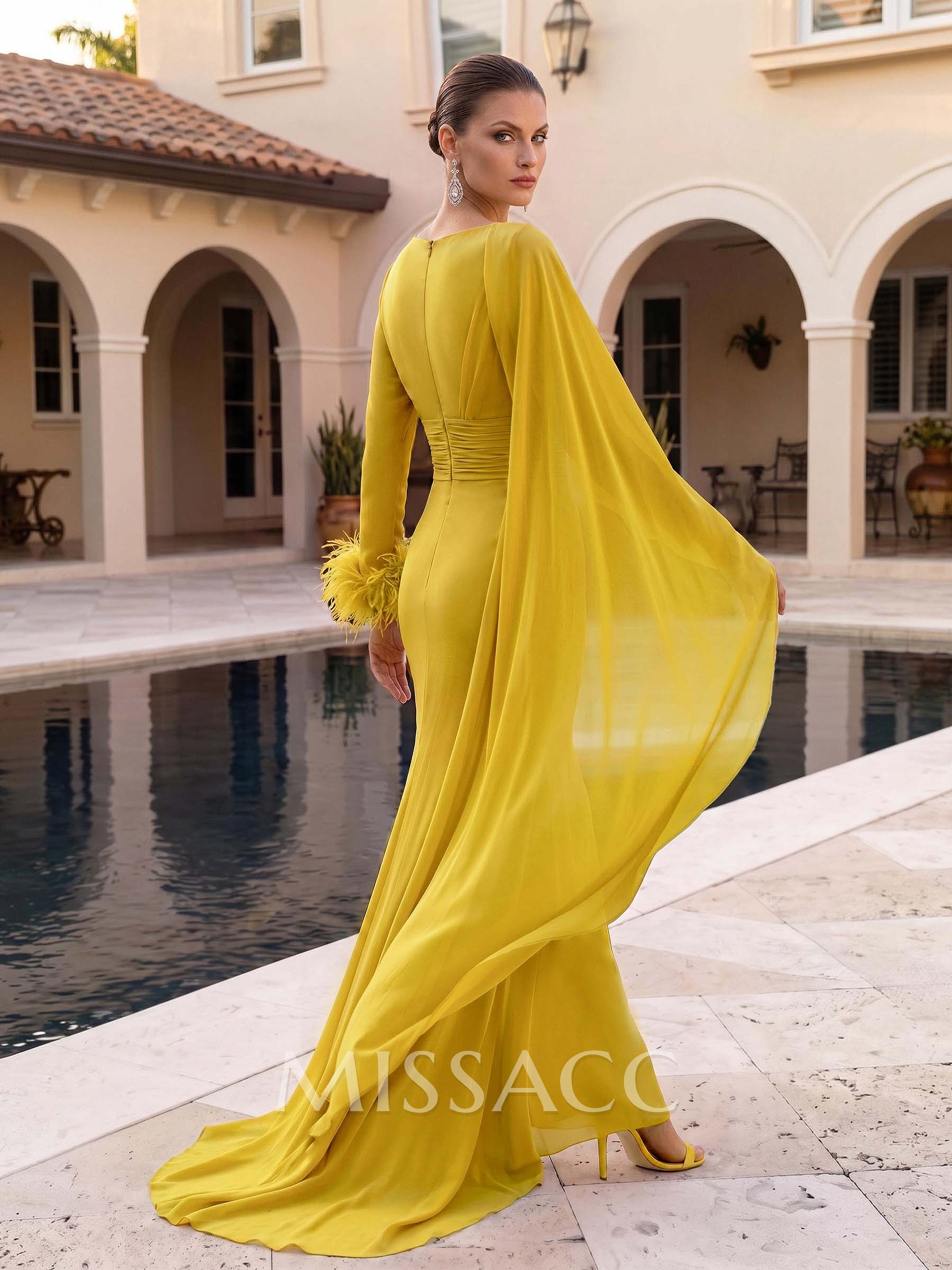 A-Line V-Neck Long Sleeves Court Train Evening Dresses With Sweeping Side Drape A-Line V-Neck Long Sleeves Court Train Evening Dresses With Sweeping Side Drape