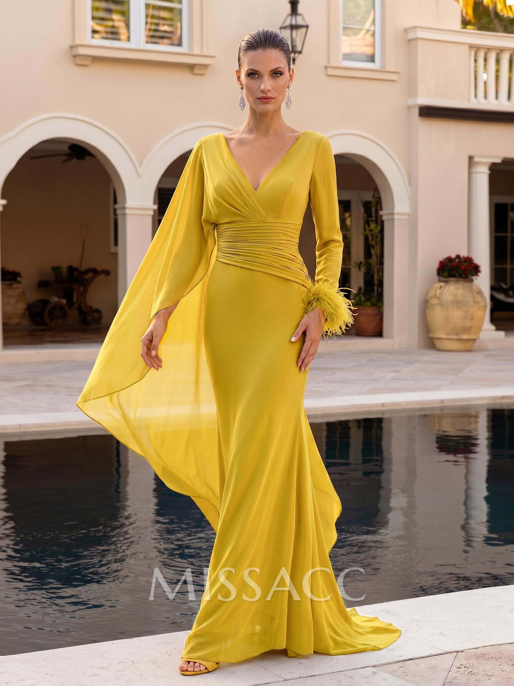 A-Line V-Neck Long Sleeves Court Train Evening Dresses With Sweeping Side Drape A-Line V-Neck Long Sleeves Court Train Evening Dresses With Sweeping Side Drape