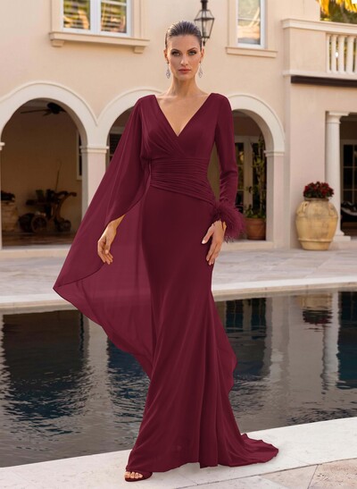 A-Line V-Neck Long Sleeves Sweep Train Chiffon Evening Dresses With Sweeping Side Drape