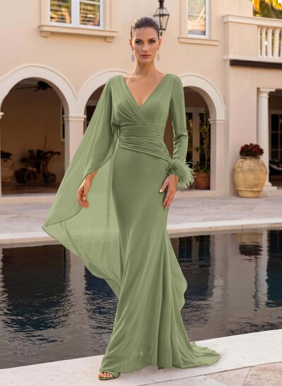 A-Line V-Neck Long Sleeves Sweep Train Chiffon Evening Dresses With Sweeping Side Drape