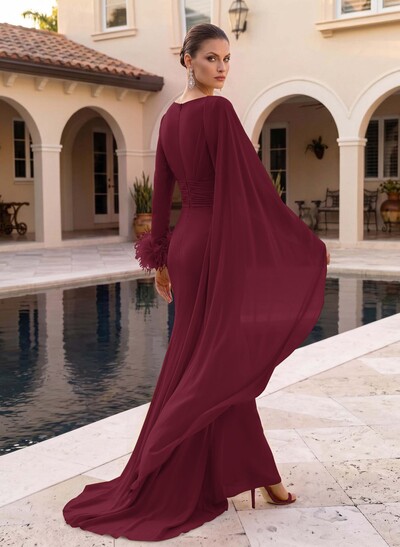 A-Line V-Neck Long Sleeves Sweep Train Chiffon Evening Dresses With Sweeping Side Drape