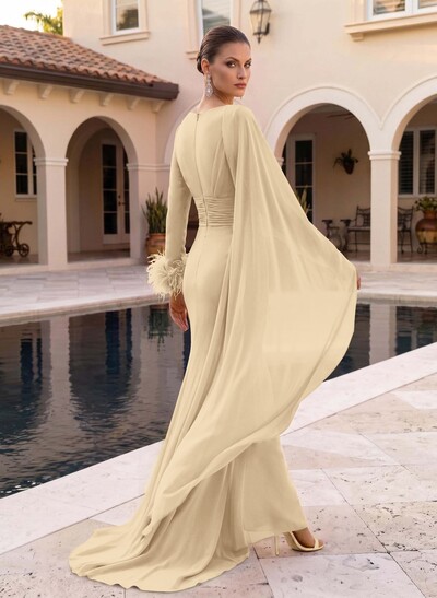 A-Line V-Neck Long Sleeves Sweep Train Chiffon Evening Dresses With Sweeping Side Drape