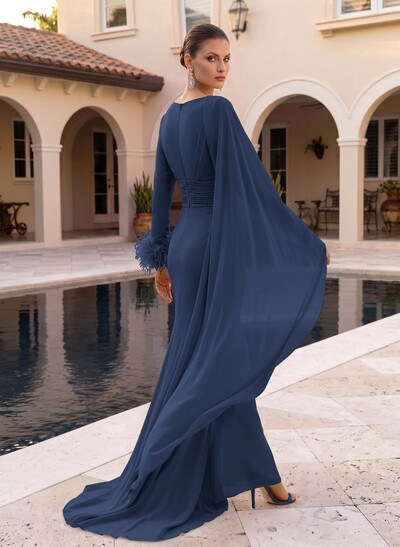 A-Line V-Neck Long Sleeves Sweep Train Chiffon Evening Dresses With Sweeping Side Drape