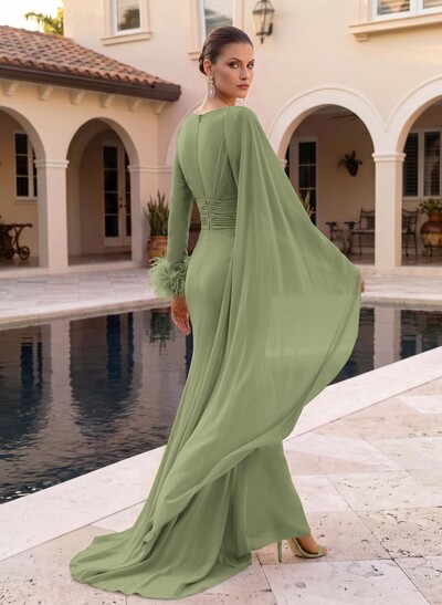 A-Line V-Neck Long Sleeves Sweep Train Chiffon Evening Dresses With Sweeping Side Drape