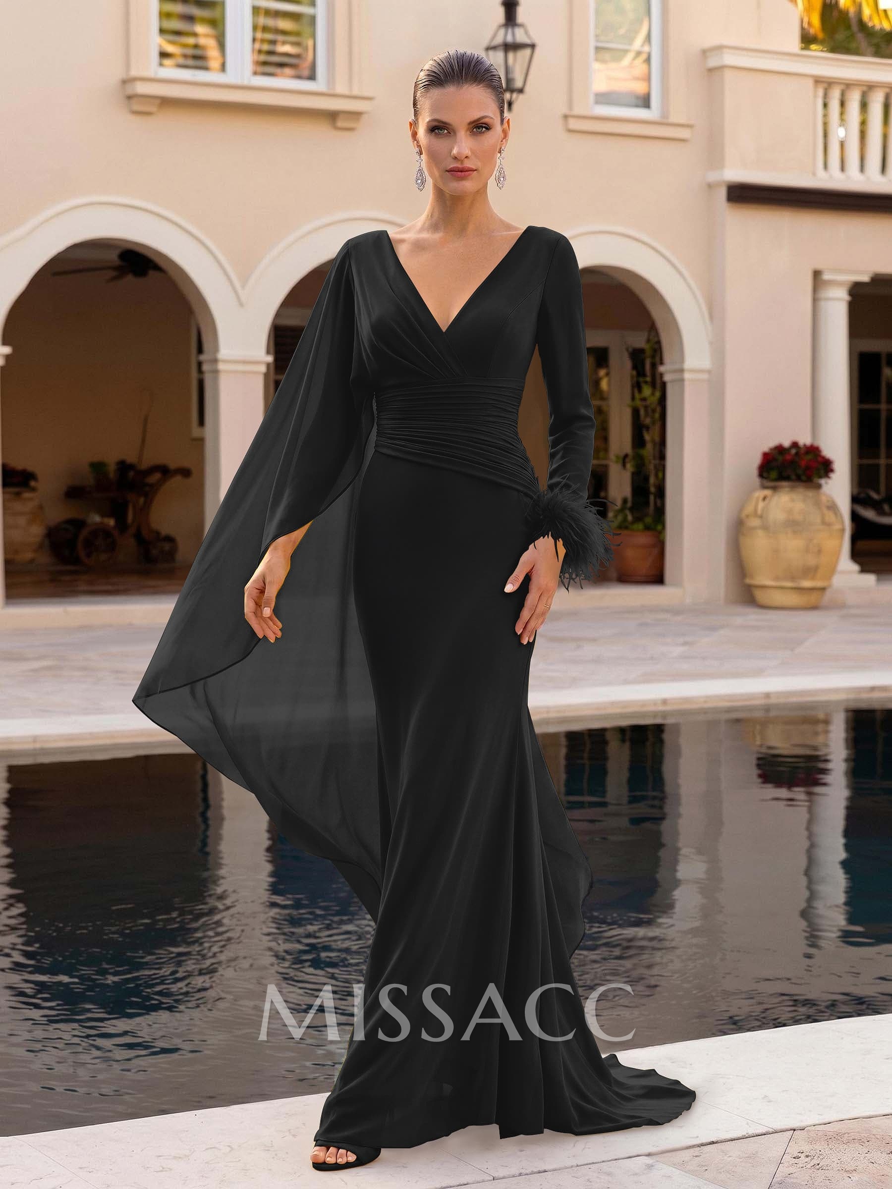 A-Line V-Neck Long Sleeves Court Train Evening Dresses With Sweeping Side Drape A-Line V-Neck Long Sleeves Court Train Evening Dresses With Sweeping Side Drape