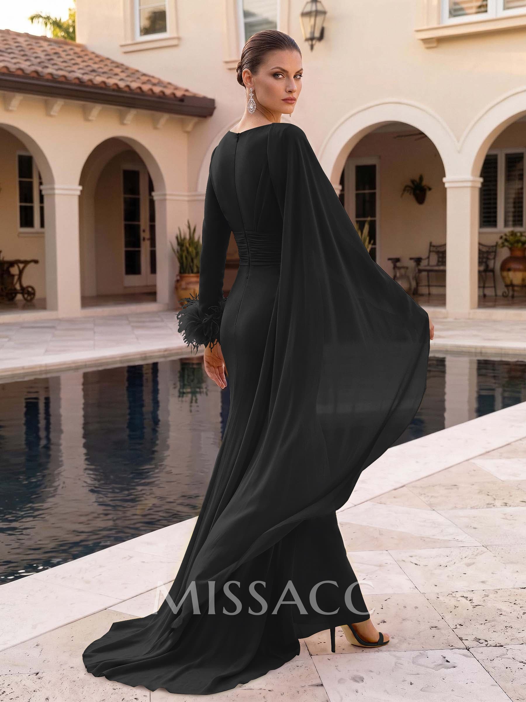 A-Line V-Neck Long Sleeves Court Train Evening Dresses With Sweeping Side Drape A-Line V-Neck Long Sleeves Court Train Evening Dresses With Sweeping Side Drape