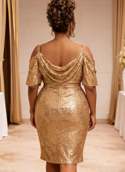 Sheath/Column V-Neck 1/2 Sleeves Knee-Length Glitter Lace Evening Dresses With Sequins