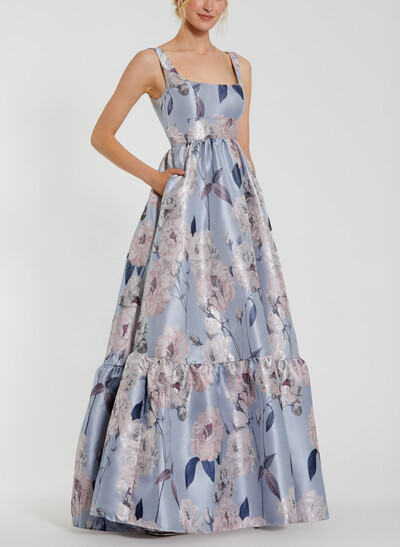 A-Line Square Neckline Sleeveless Floor-Length Satin Evening Dresses With Flower(s)