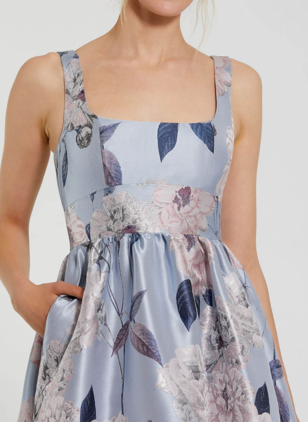 A-Line Square Neckline Sleeveless Floor-Length Satin Evening Dresses With Flower(s)