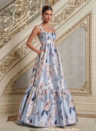 A-Line Square Neckline Sleeveless Floor-Length Satin Evening Dresses With Floral-Print