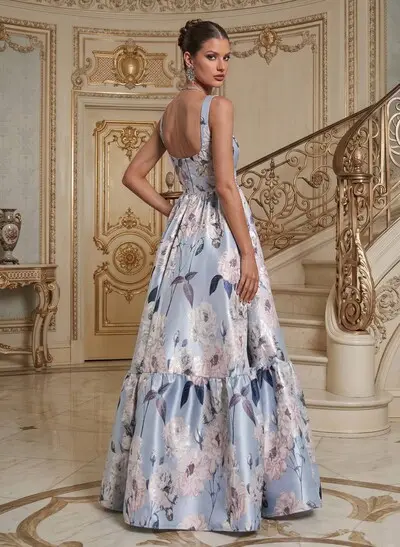 A-Line Square Neckline Sleeveless Floor-Length Satin Evening Dresses With Floral-Print