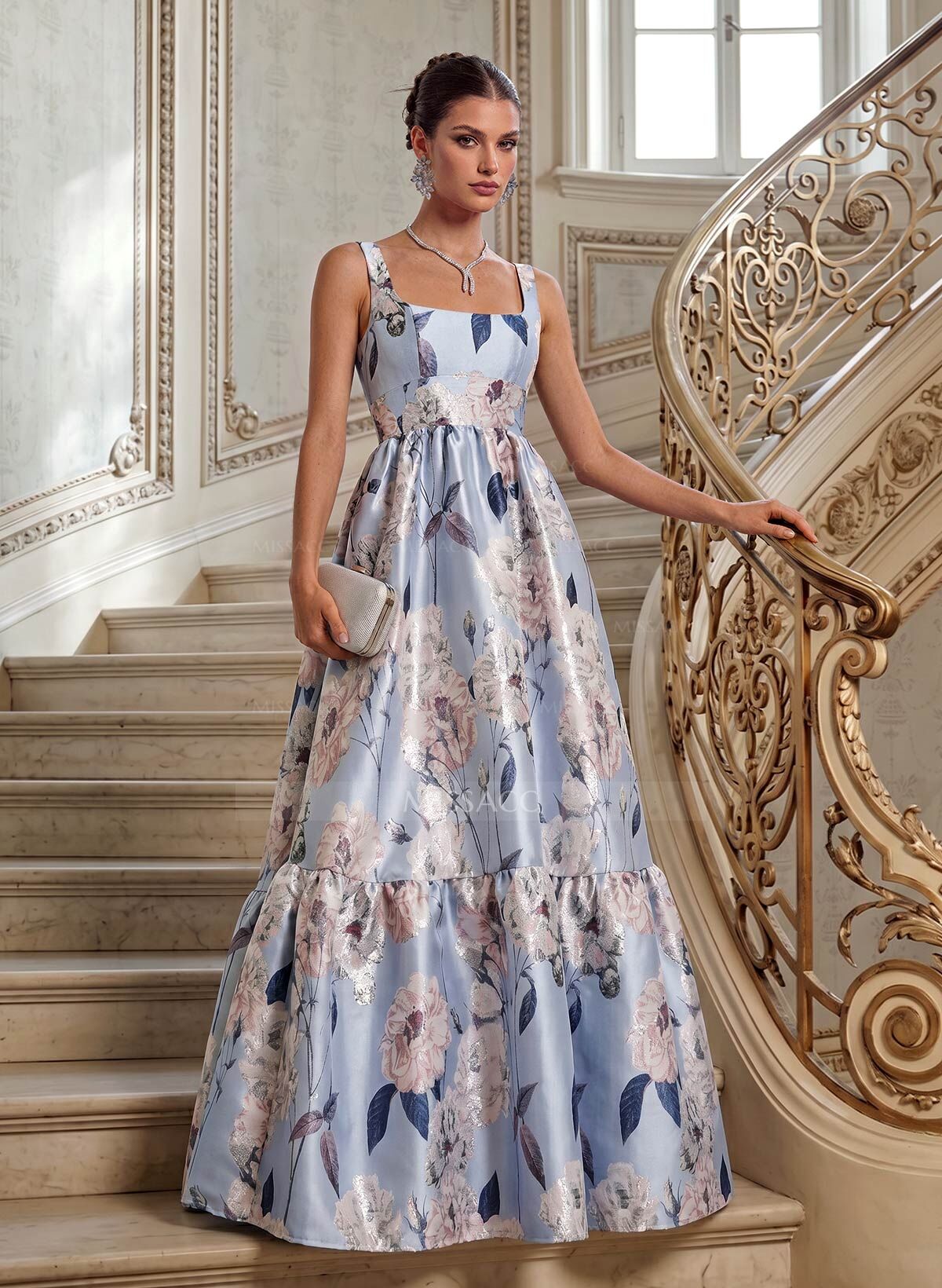A-Line Square Neckline Sleeveless Floor-Length Satin Evening Dresses With Flower(s)