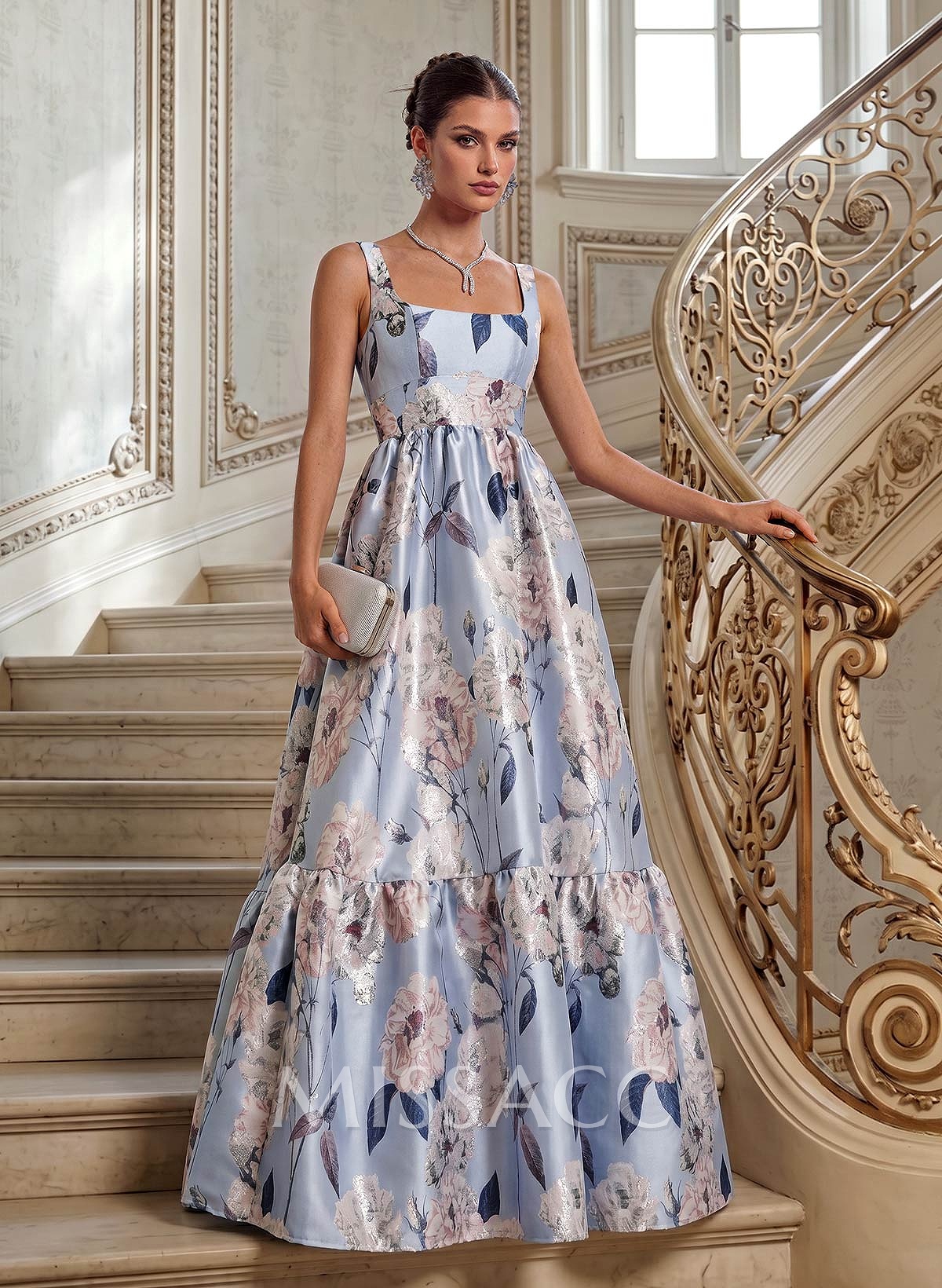 A-Line Square Neckline Sleeveless Floor-Length Satin Evening Dresses With Flower(s)