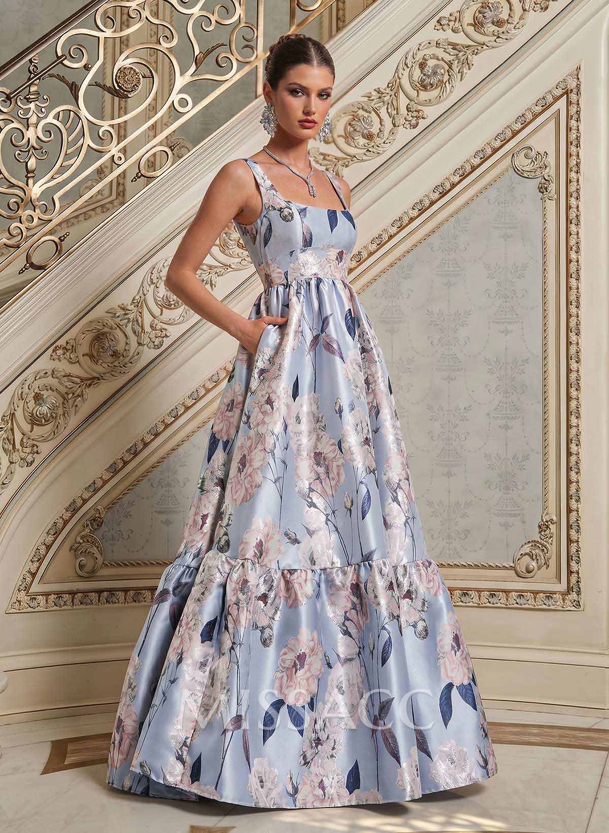 A-Line Square Neckline Sleeveless Floor-Length Satin Evening Dresses With Flower(s)