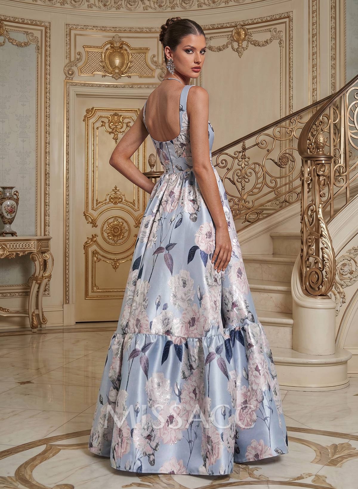 A-Line Square Neckline Sleeveless Floor-Length Satin Evening Dresses With Flower(s)
