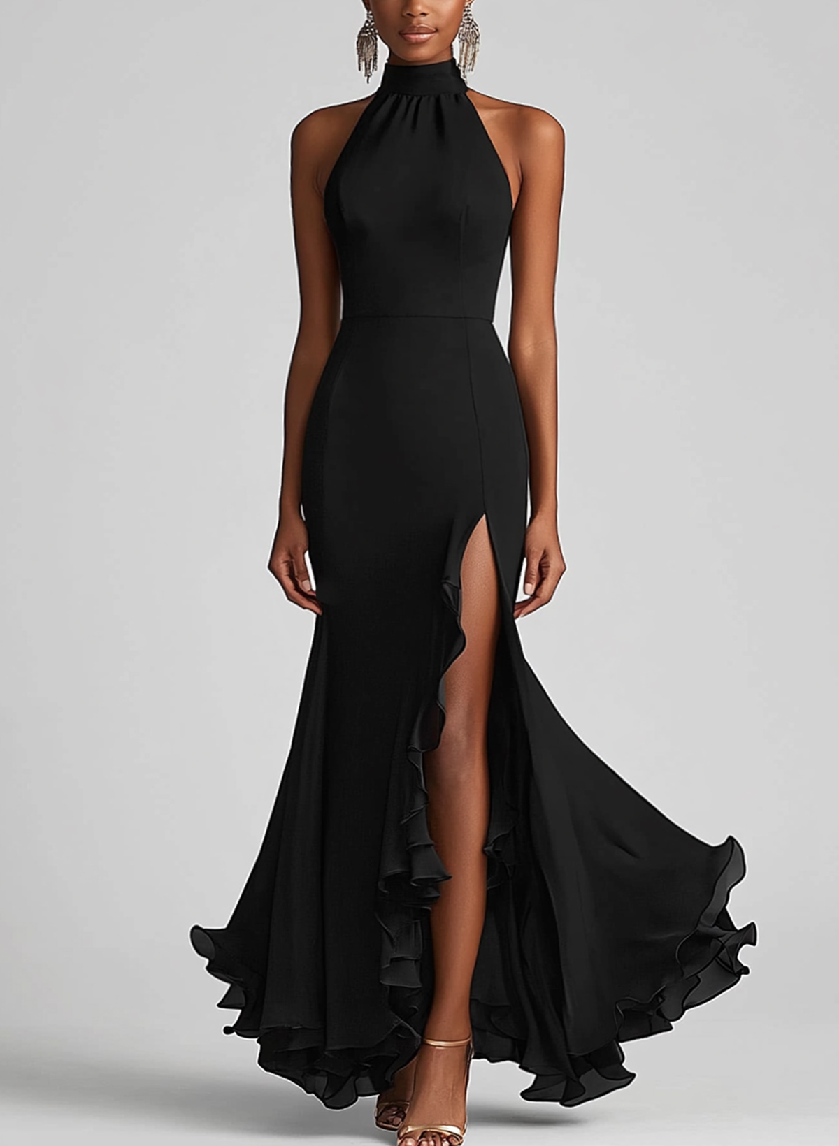 Sheath/Column Halter Sleeveless Asymmetrical Elastic Satin Evening Dresses With Ruffle