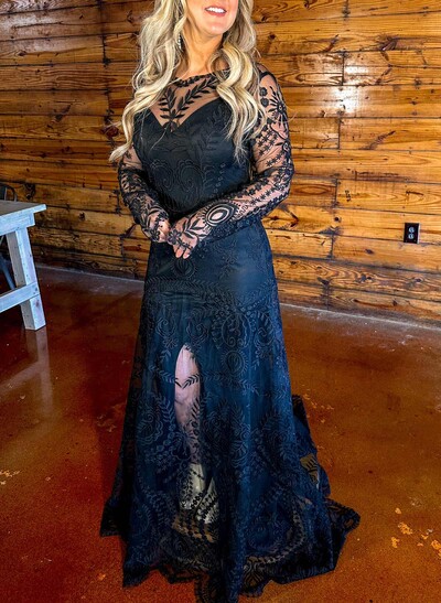 A-Line Scoop Neck Long Sleeves Court Train Lace/Elastic Satin Evening Dresses With Split Front/Appliques Lace