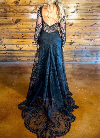 A-Line Scoop Neck Long Sleeves Court Train Lace/Elastic Satin Evening Dresses With Split Front/Appliques Lace