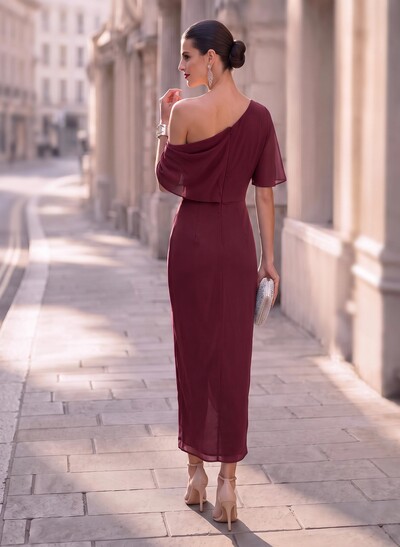 Sheath/Column Asymmetrical Half Sleeves Chiffon Evening Dresses With Split Front