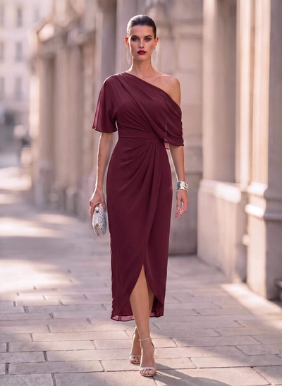 Sheath/Column Asymmetrical 1/2 Sleeves Chiffon Evening Dresses With Split Front