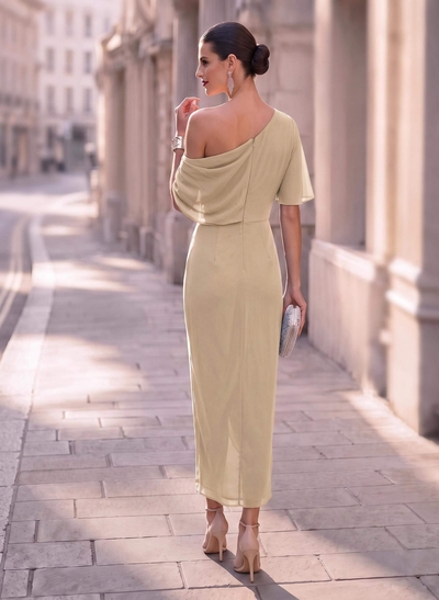 Sheath/Column Asymmetrical 1/2 Sleeves Chiffon Evening Dresses With Split Front