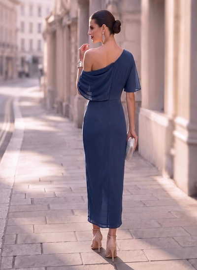 Sheath/Column Asymmetrical 1/2 Sleeves Chiffon Evening Dresses With Split Front