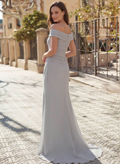 Trumpet/Mermaid Off-The-Shoulder Sweep Train Chiffon Evening Dresses With Pleated/High Split