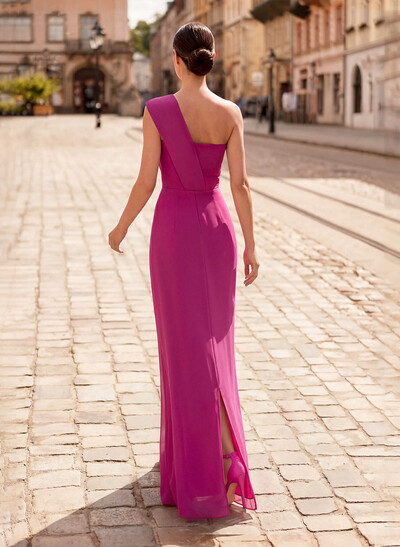 Sheath/Column One-Shoulder Sleeveless Floor-Length Chiffon Evening Dresses With Ruffle/Back Slit