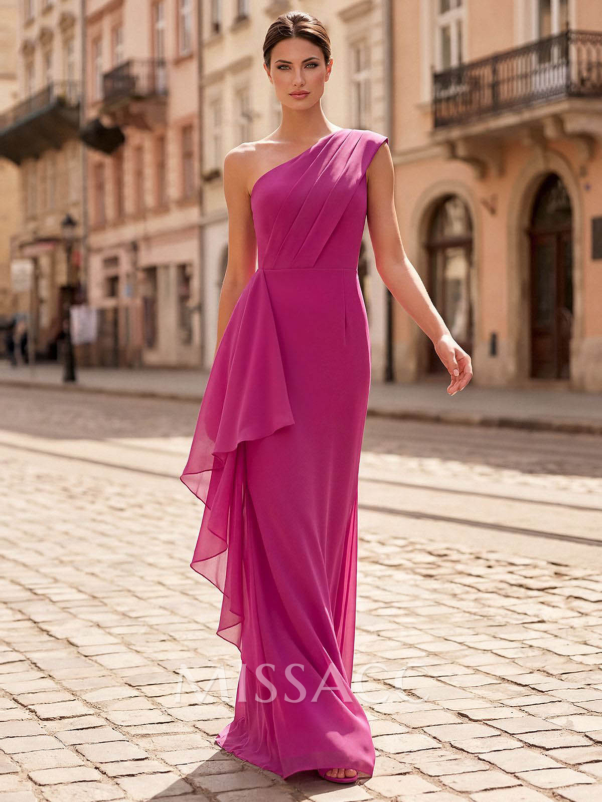 Sheath/Column One-Shoulder Sleeveless Floor-Length Chiffon Evening Dresses With Ruffle/Back Slit