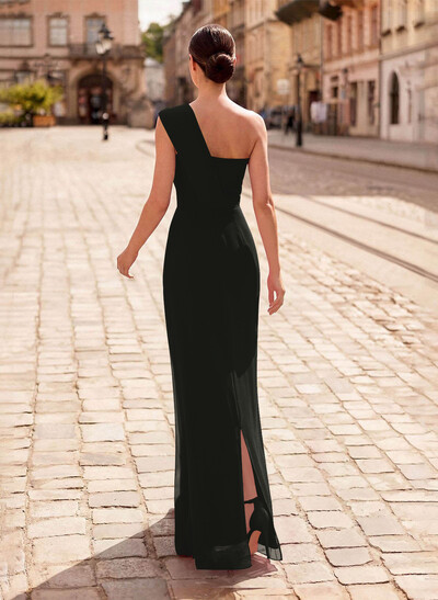 Sheath/Column One-Shoulder Sleeveless Floor-Length Chiffon Evening Dresses With Ruffle/Back Slit