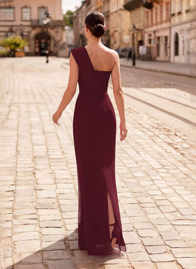 Sheath/Column One-Shoulder Sleeveless Floor-Length Chiffon Evening Dresses With Ruffle/Back Slit