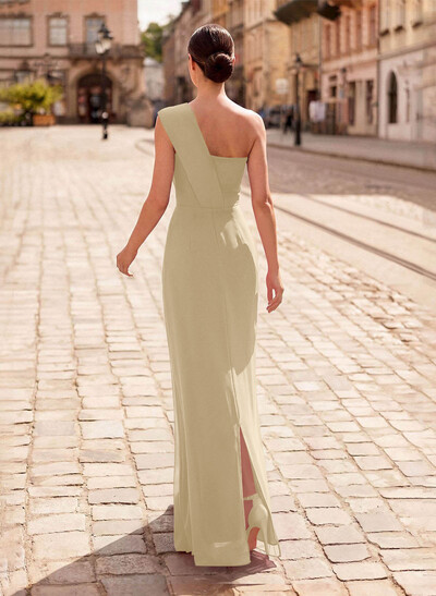 Sheath/Column One-Shoulder Sleeveless Floor-Length Chiffon Evening Dresses With Ruffle/Back Slit