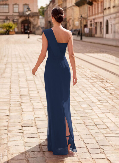 Sheath/Column One-Shoulder Sleeveless Floor-Length Chiffon Evening Dresses With Ruffle/Back Slit