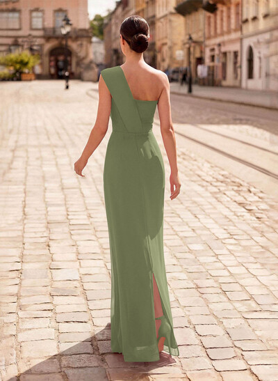Sheath/Column One-Shoulder Sleeveless Floor-Length Chiffon Evening Dresses With Ruffle/Back Slit
