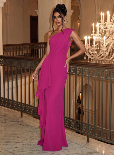 Sheath/Column One-Shoulder Sleeveless Floor-Length Chiffon Evening Dresses With Ruffle/Back Slit