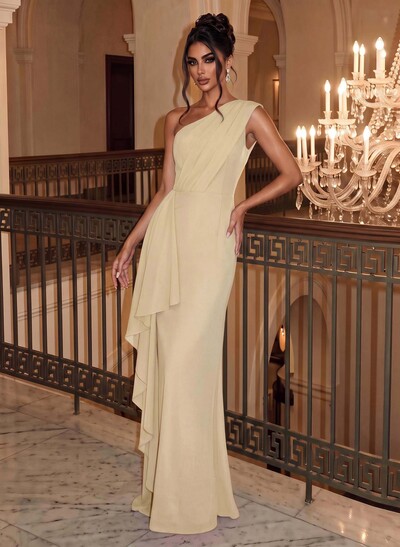 Sheath/Column One-Shoulder Sleeveless Floor-Length Chiffon Evening Dresses With Ruffle/Back Slit