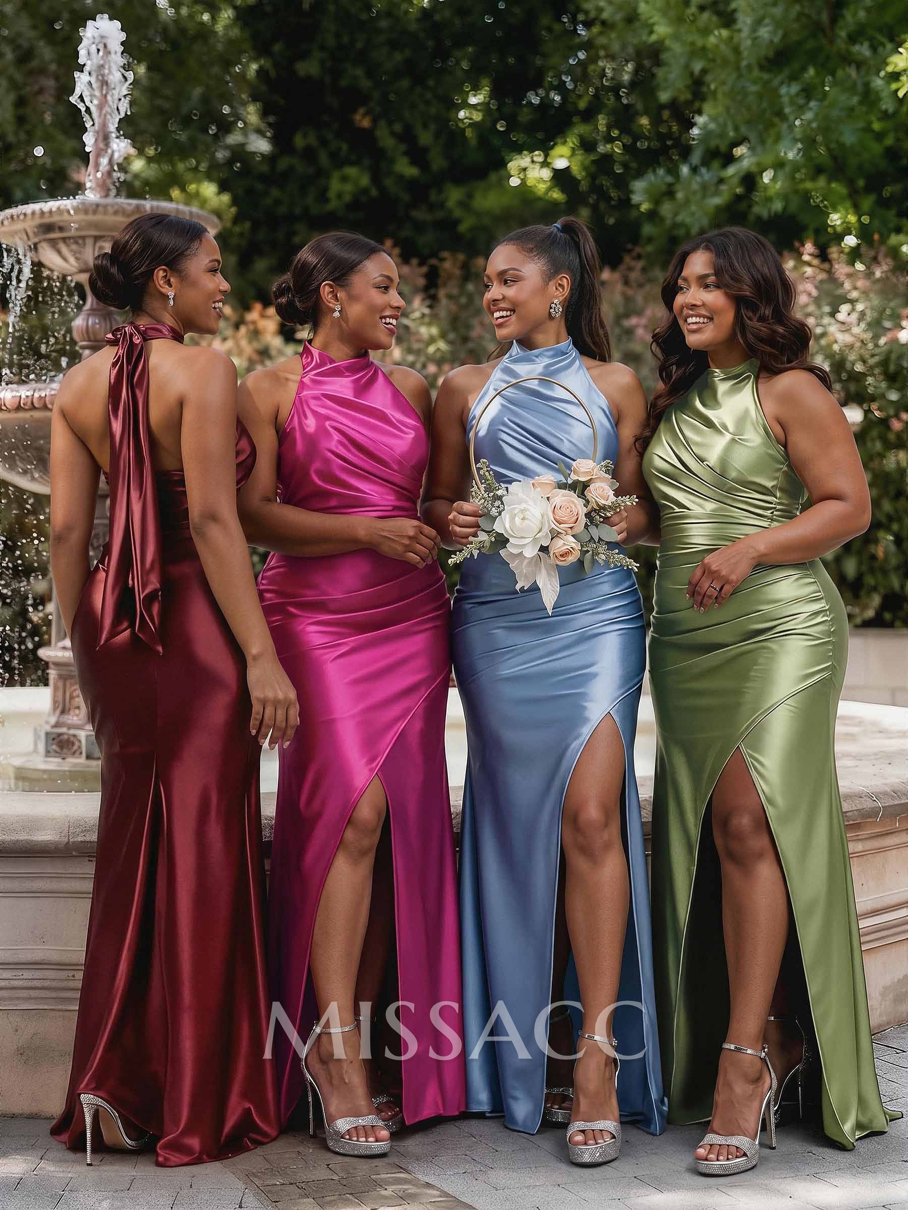 Sheath/Column Halter Sleeveless Floor-Length Stretch Satin Knit Evening Dresses With Pleated/High Split Sheath/Column Halter Sleeveless Floor-Length Stretch Satin Knit Evening Dresses With Pleated/High Split