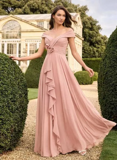 A-Line Off-The-Shoulder Sleeveless Floor-Length Chiffon Mother Of The Bride Dresses With Flower(s)