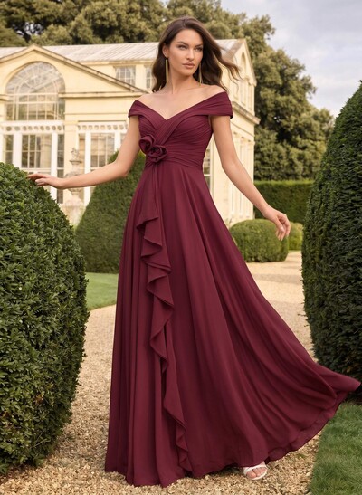 A-Line Off-The-Shoulder Sleeveless Floor-Length Chiffon Evening Dresses With Flower(s)