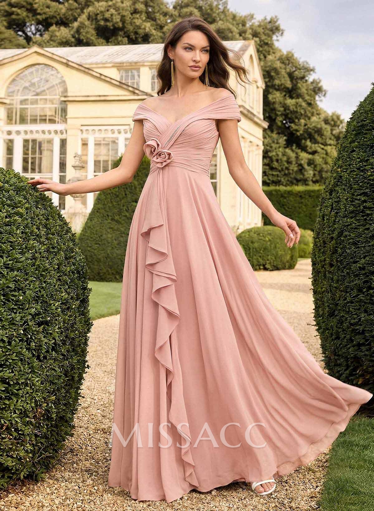 A-Line Off-The-Shoulder Sleeveless Floor-Length Chiffon Evening Dresses With Flower(s) A-Line Off-The-Shoulder Sleeveless Floor-Length Chiffon Evening Dresses With Flower(s)