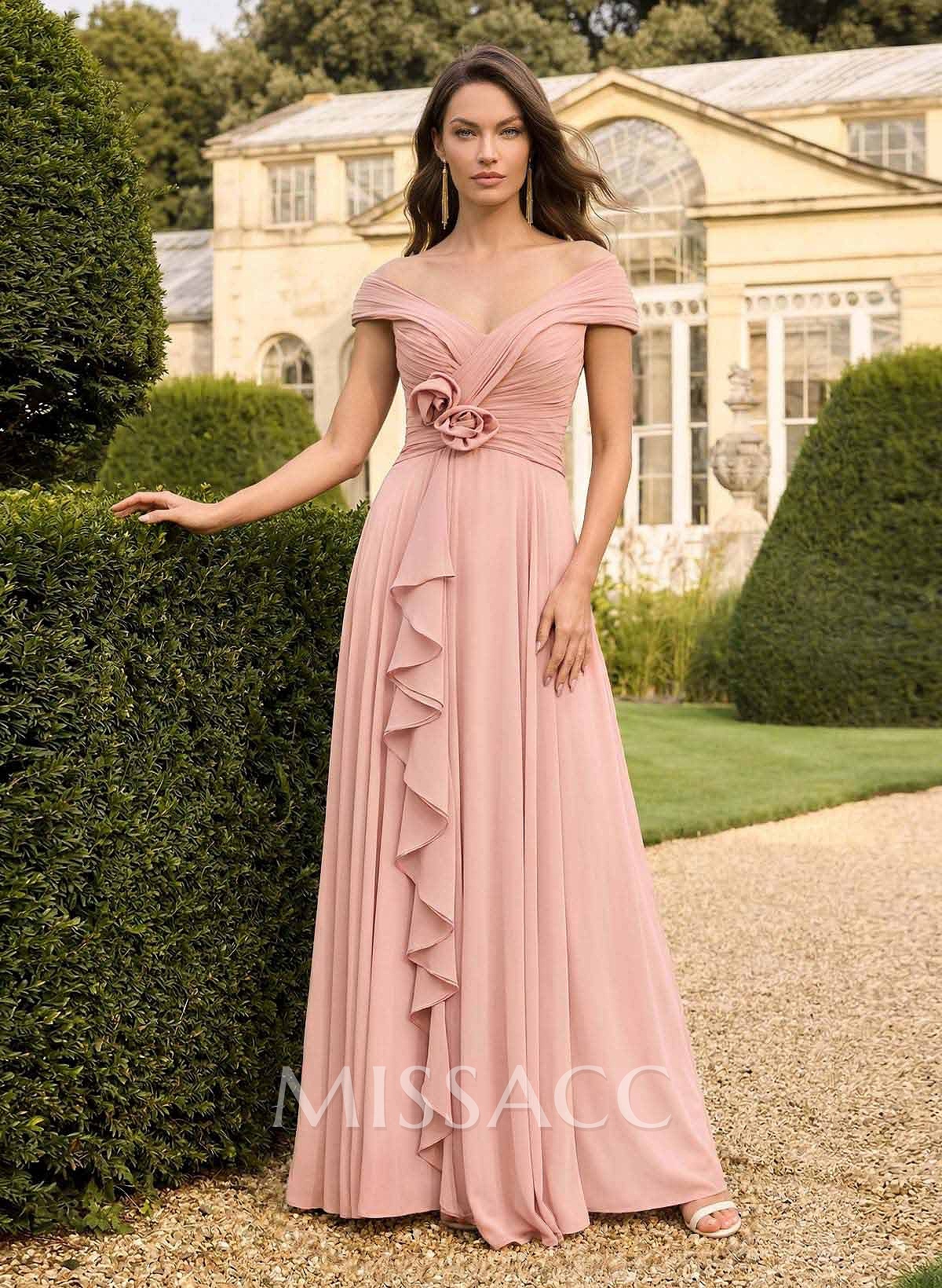 A-Line Off-The-Shoulder Sleeveless Floor-Length Chiffon Evening Dresses With Flower(s) A-Line Off-The-Shoulder Sleeveless Floor-Length Chiffon Evening Dresses With Flower(s)