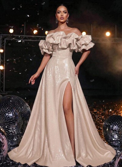 A-Line Off-The-Shoulder Overskirt Sweep Train Sequined Evening Gowns With Pockets/High Slit