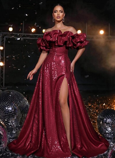 A-Line Off-The-Shoulder Overskirt Sweep Train Sequined Evening Gowns With Pockets/High Slit