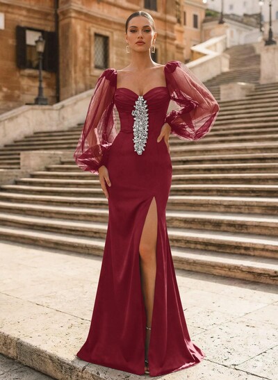 Trumpet/Mermaid Sweetheart Long Sleeves Sweep Train Crepe Satin Evening Dresses With Back Hole/Rhinestone/High Split