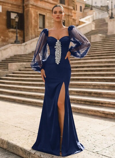 Trumpet/Mermaid Sweetheart Long Sleeves Sweep Train Crepe Satin Evening Dresses With Back Hole/Rhinestone/High Split