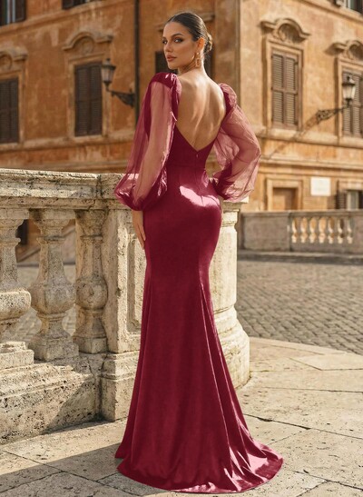 Trumpet/Mermaid Sweetheart Long Sleeves Sweep Train Crepe Satin Evening Dresses With Back Hole/Rhinestone/High Split
