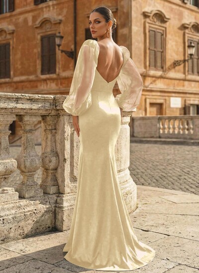 Trumpet/Mermaid Sweetheart Long Sleeves Sweep Train Crepe Satin Evening Dresses With Back Hole/Rhinestone/High Split