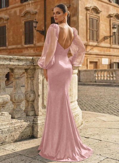 Trumpet/Mermaid Sweetheart Long Sleeves Sweep Train Crepe Satin Evening Dresses With Back Hole/Rhinestone/High Split