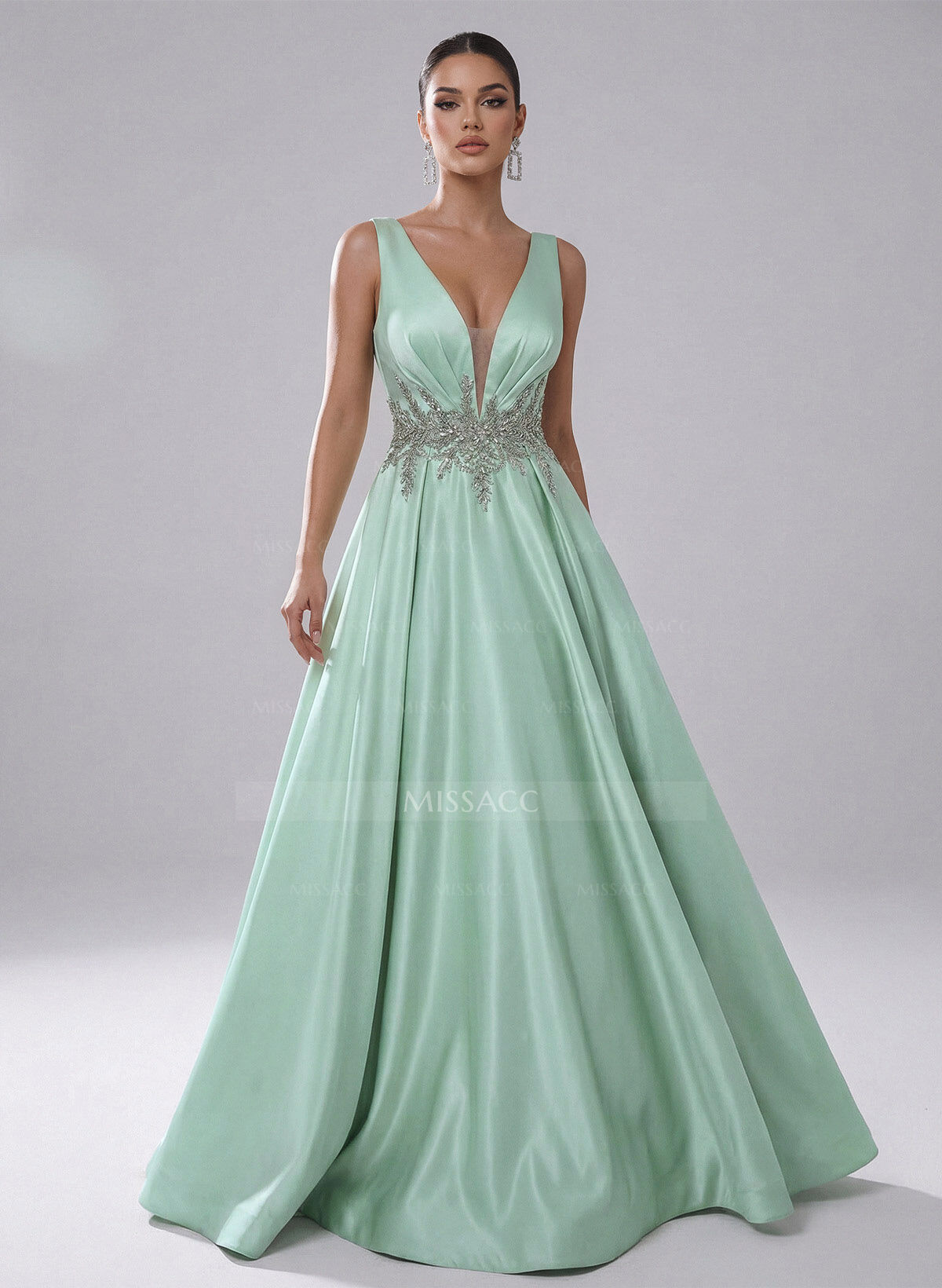 Elegant A-Line Plunge Neck Sleeveless Sweep Train Satin Evening Dresses With Rhinestone